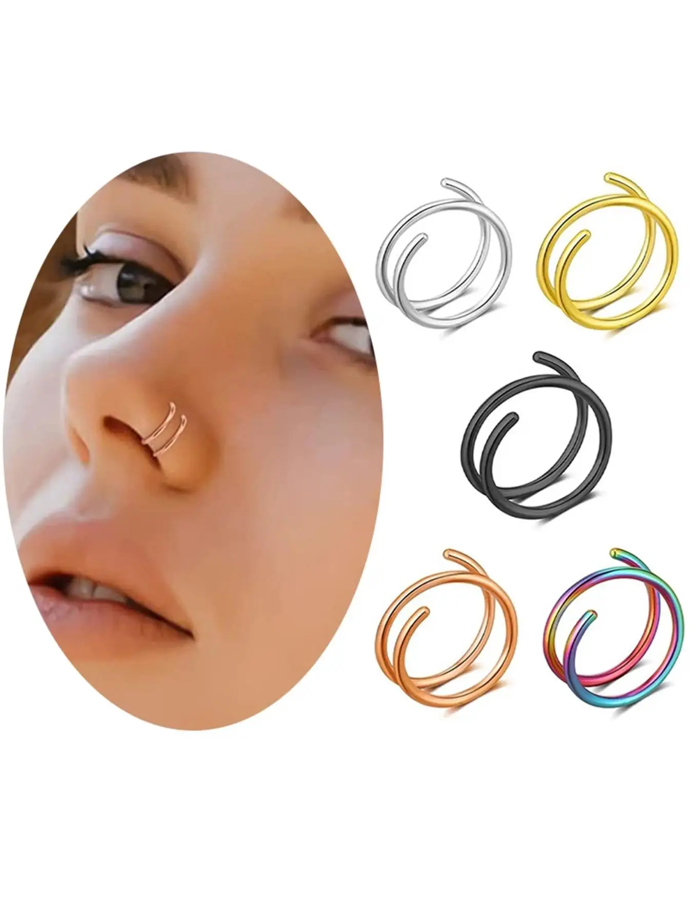 Unisex Cute Twist Design Nose Ring/ Lip Ring/ Earrings (5pcs/set), Stainless Steel Piercing Nose Ring & Lip Ring, Fashionable Adjustable Body Jewelry