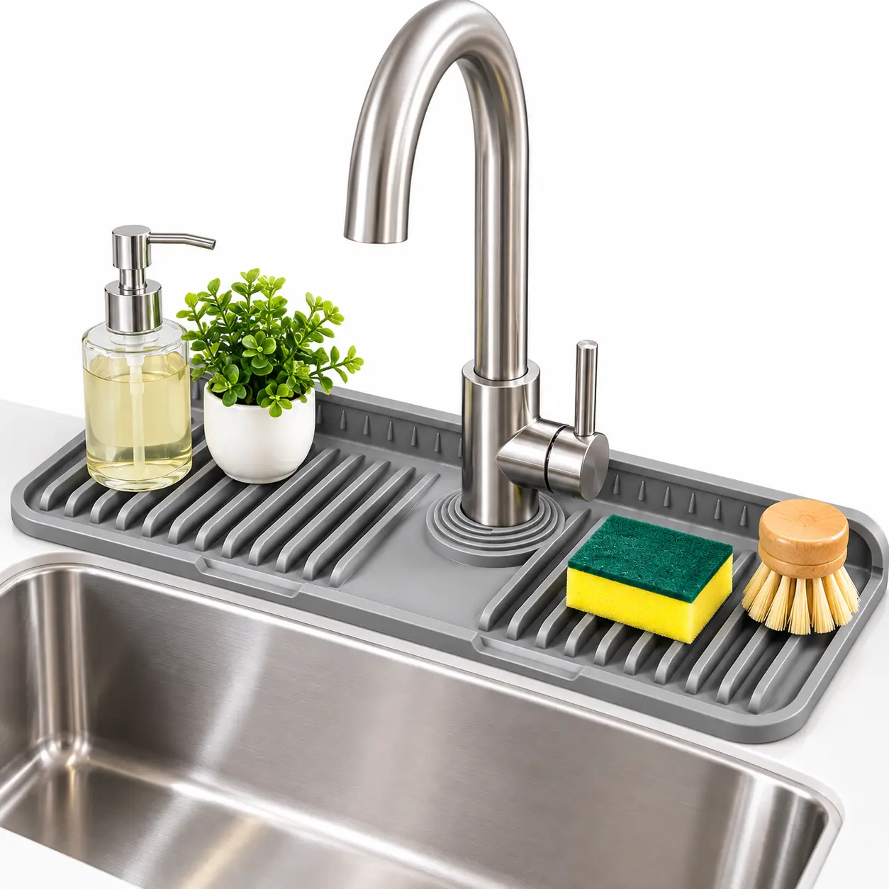 17.7-Inch Kitchen Sink Splash Guard Mat | 7° Slope for Fast Self-Draining | Snap-Lock Design | Universal & Cuttable Silicone Faucet Mat Gray