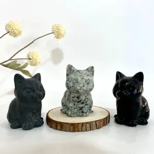 1 Count Natural Crystal Cat Statue Obsidian Kiwi Jasper