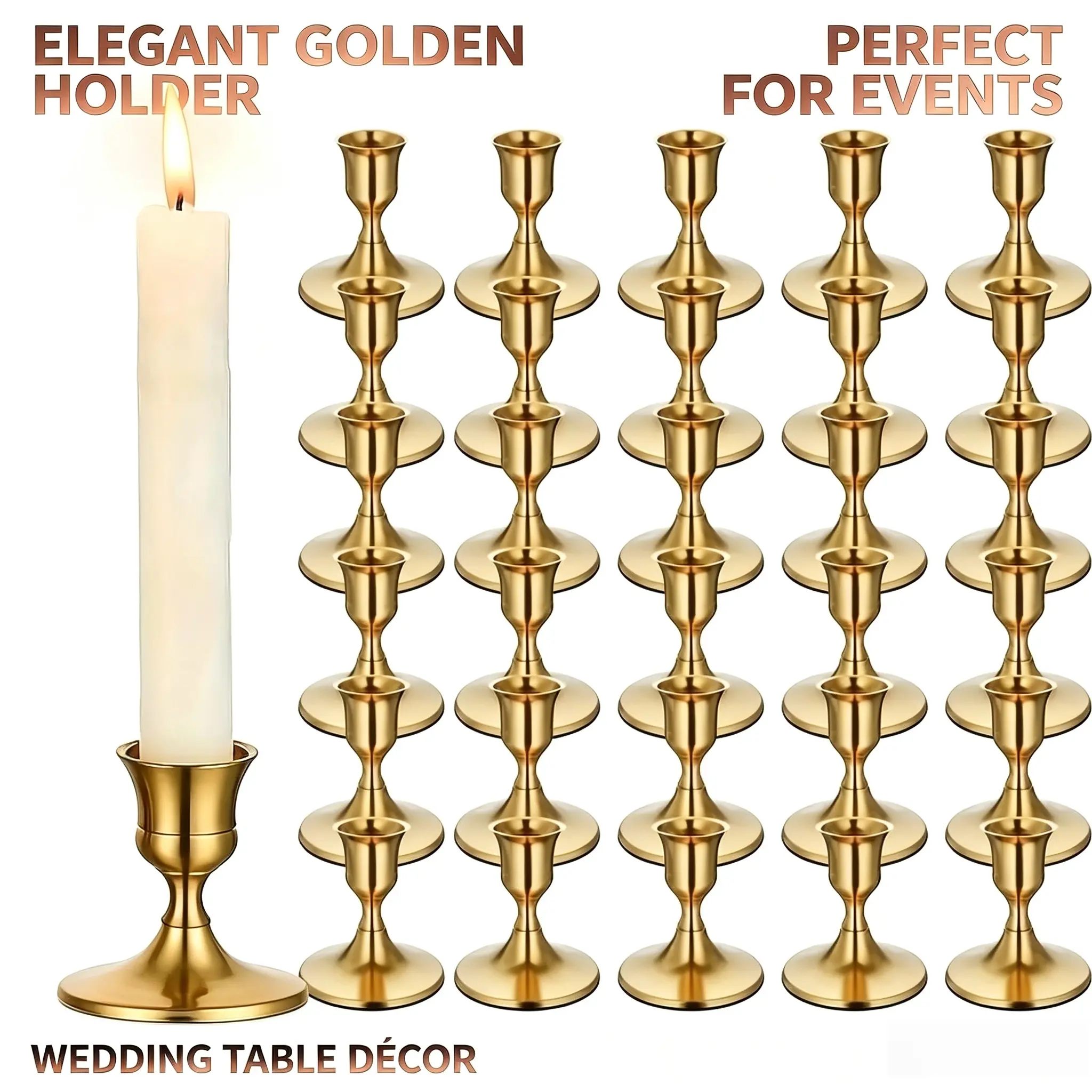 Copper-Colored Iron Taper Candle Holders, 30-Pack Elegant Metal Stands for Graduation Party, Home & Kitchen Decor
