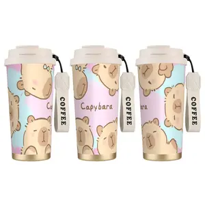 1pc 18oz Stainless Steel Capybara Cartoon Thermal Vacuum Flask - Anti-Leak Dual-Drink Coffee Tumbler with Lid, Portable Kawaii Cute, Superior Insulation, Ideal for Office, Travel, Gift (Cute Bottle Vacuum Flask)