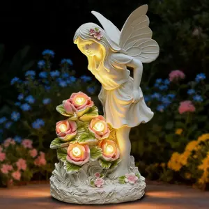 Garden Figurines Angel Garden Statue Outdoor Decor, Solar   Sculpture with 5 LEDs Art Decoration for Patio Lawn Yard Porch, Ornament Housewarming , 11" H