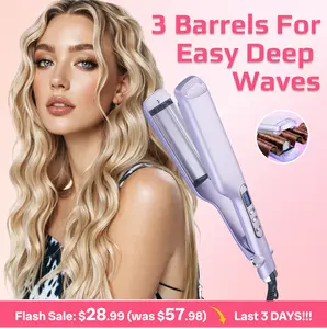 Curling Iron Beachy Waver, Hair Crimpers with 3 Barrel, Ceramic Curling Wand Adjustable Temperature Easy Waves, Dual Voltage, Deep Waver, Ceramic Glaze, Negative Ions, Fast Heating, Anti-Scald Tip, Safety Stand, Big S , Volumizing, Boho Styles, loose wave