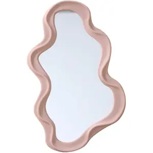 Mokoze Asymmetrical Wall-Mounted Mirror, Creative Unique Decorative Mirrors, Funky Wavy Mirror 16.14"x9.84" Irregular Border Pink Mirror for Bathroom Living Room Decoration