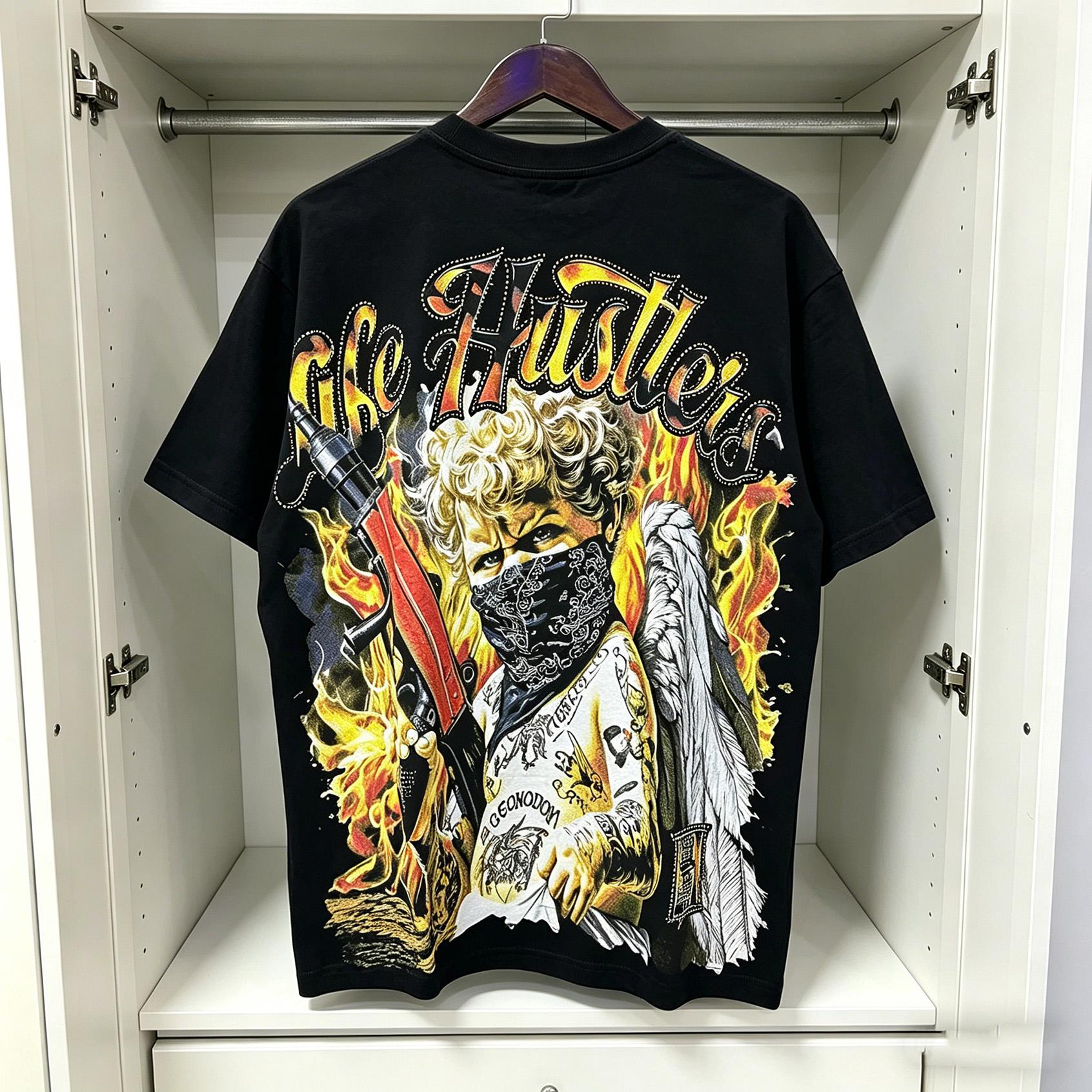 Praying Angel Shining Diamond Cotton T Shirt Oversized Graphic Tee Crew Neck Loose Fit Streetwear Summer Outfit Unisex Top TikTok Viral Trend Y2K Hip Hop Urban Casual High Street Fashion Tee