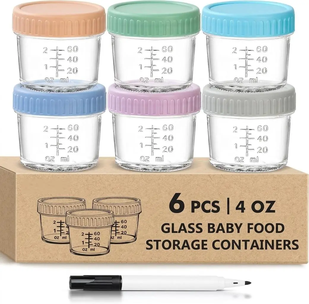 6 Pack Glass Baby Food Storage Containers - 4 Oz Baby Food Jars with Lids Baby Food Maker Microwave Dishwasher Freezer Safe 100% Leak Proof BPA Free Reusable