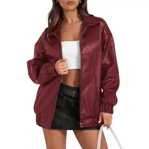 Lannew Womens Leather Jacket Oversized Faux Casual Zip Up Bomber Motorcycle Jackect Trendy Fall Winter Clothes S-XXL