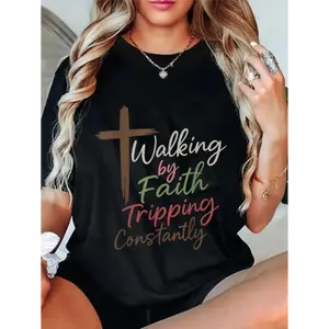 100% Cotton Unisex Christian Faith Humor Graphic Tees Vintage Walking By Faith Tripping Constantly Funny Christian T-Shirt Casual Graphic Printed Vintage Tshirt