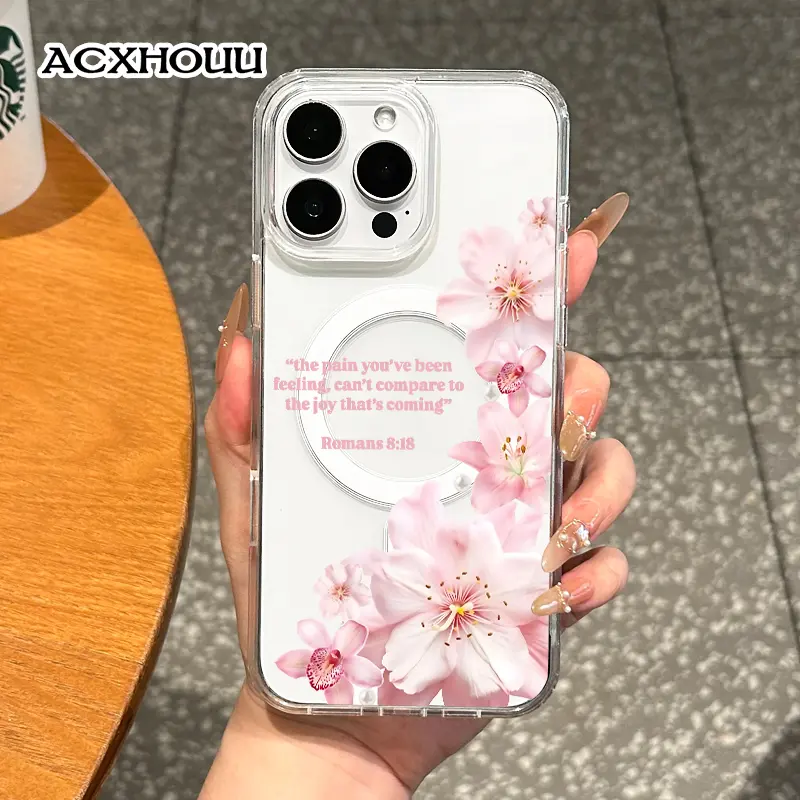 Magnetic Coquette Smartphone Casing for iPhone 17,16 E Pro Max,15 Plus,14,13,12,11,XS,XR - Pastel Pink Floral Faith Quote Design, Shockproof Silicone, Girly Stylish Trendy Protection for Handheld Devices with Resistance