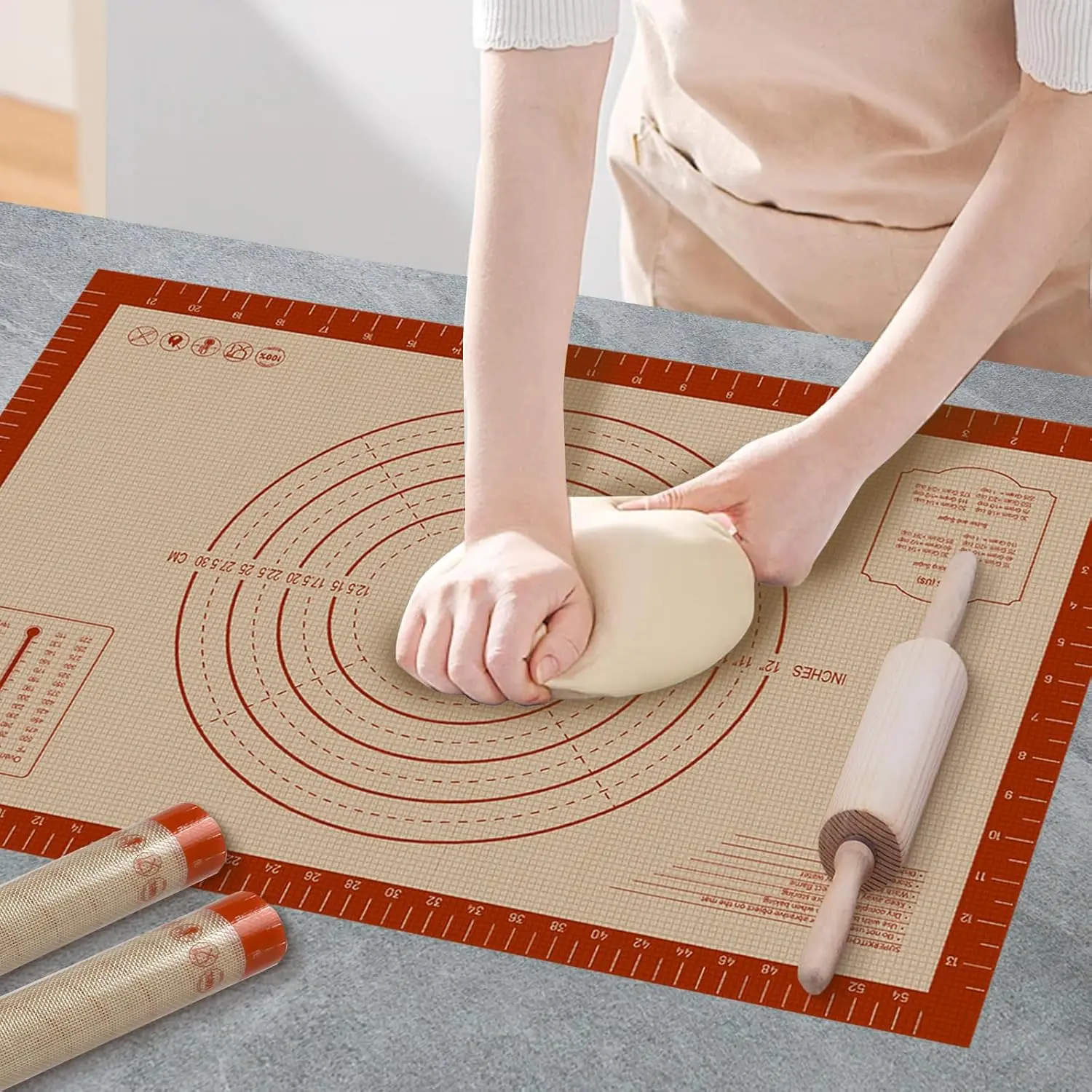 Premium Silicone Baking Mat, 24" x 16" Extra Thick Pastry Rolling & Sourdough Mat with Measurement Guides, Non-Stick Baking Supplies for Making Pizza, Pie, Cookies, and Bread at Home or Bakery