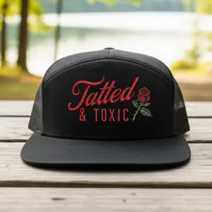 Tatted & Toxic Embroidered Trucker Hat - Retro Mesh Back Snapback Cap for Men & Women - Streetwear Aesthetic Rose Graphic Hat