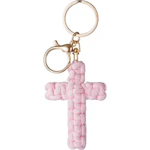Macrame Cross Keychain,Jesus Key Chain Christian Car Accessories Handmade Soft Cross Keychain Boho Decor for Women Men Gifts