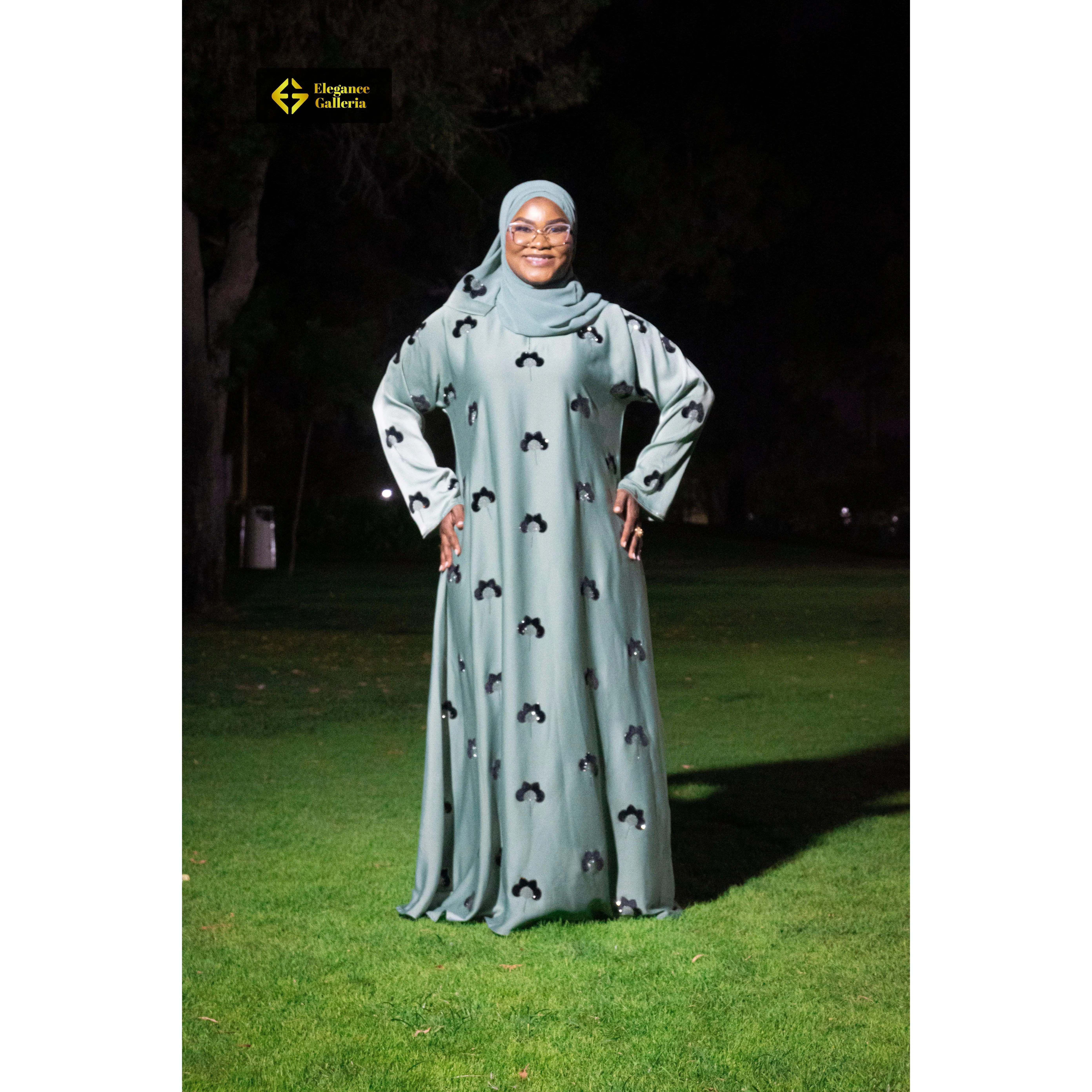 Elegance Gallery Waraqah Abaya - Soft Zoom Fabric with Leaf Pattern & Stone Accents for Everyday Wear