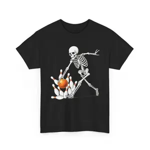 Bowling Shirt Sports Game lovers Bowling ball and pins Funny Skeleton Bowling Halloween shirt Funny Unisex Heavy Cotton Tee