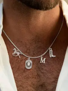 Men's Initial Western Cowboy Boots Hat Horse Pendant Necklace, Silver Color Stainless Steel Cuban Chain, Casual Letter Design, All Seasons, Classic Western Style