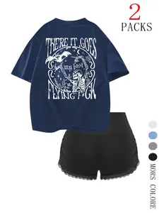 Women's Skull Print Bat Loose T-Shirt & Lace Shorts Set, Gothic Style, Oversized Fit, Perfect for Streetwear, Music Festivals, Daily Wear