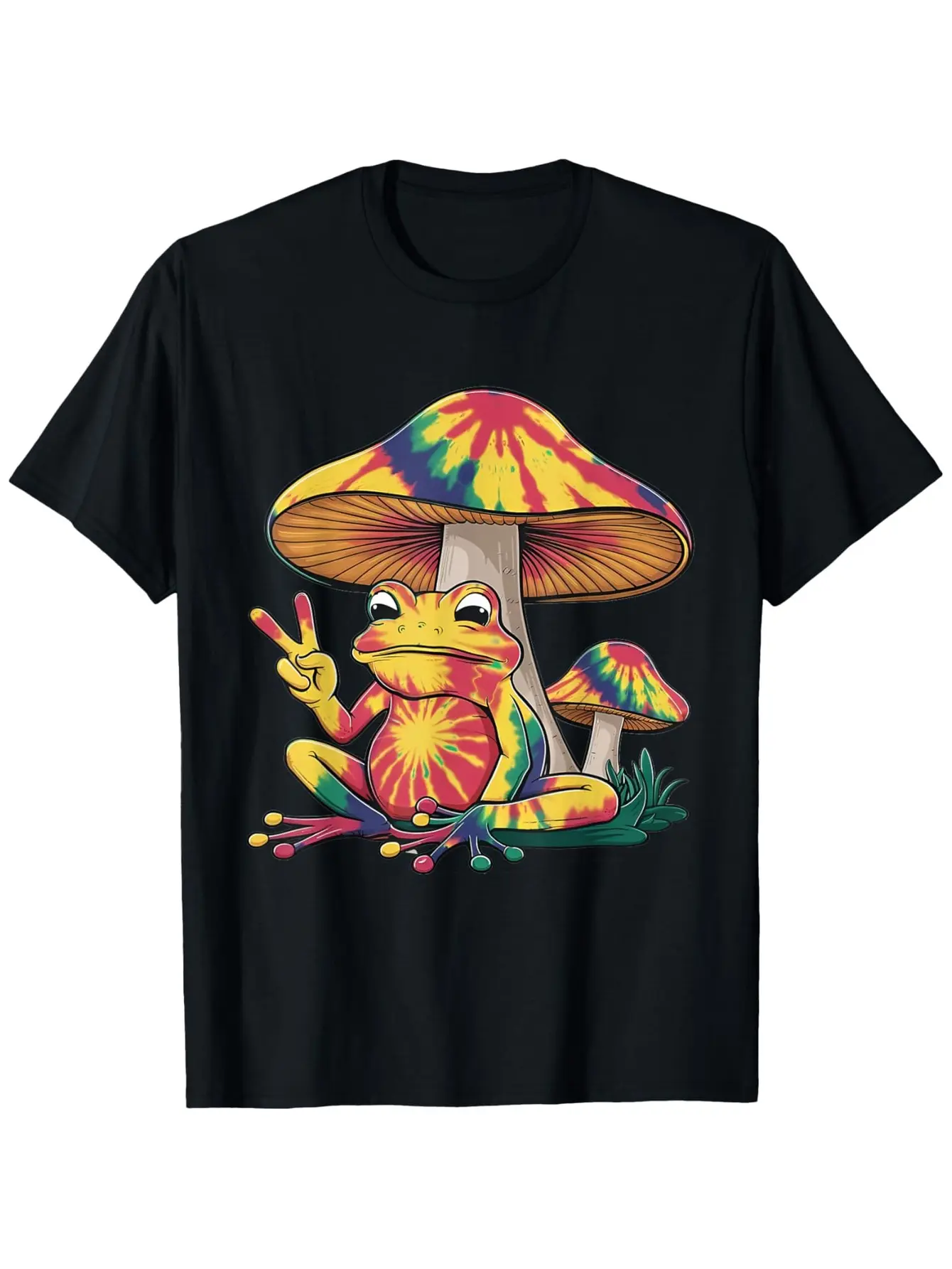 Men's Cotton T-Shirt, Retro Hippie Mushroom & Frog Peace Logo Print, Casual Short-Sleeve Tops with Round Neck, Soft Micro-Elastic Fabric