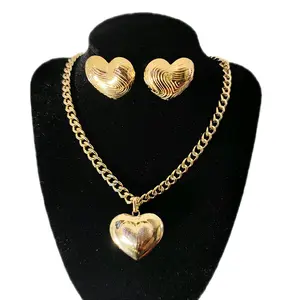 18k Gold-Plated Cuban Chain Set with Heart Pendant and Heart Earrings