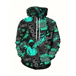 Men’s high street-style 3D digital print hoodie featuring a dark graffiti cartoon design, drawstring cap, pocket detail, casual sweatshirt