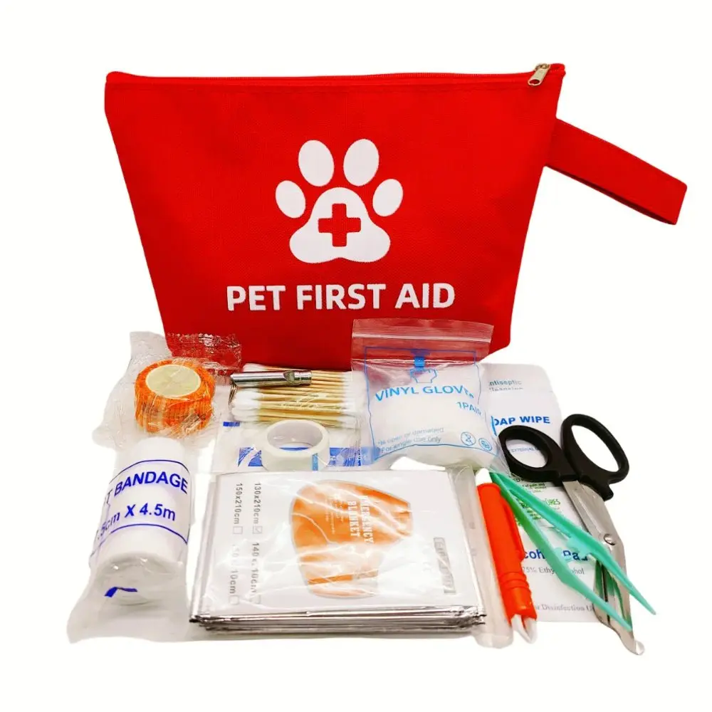 58-Piece Compact Pet Emergency First Aid Kit - Waterproof Oxford Fabric, Reflective, with Carabiner Clip for Hiking, Adventure; Includes Tick Removers, Wipes, Gauze, Thermal Blanket, Bandage for Outdoor Safety Cuts