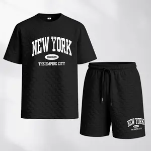 Men's Spring and Summer New York Print with Red and Black Line Checkered Fabric Drawstring Shorts Set, Casual Summer Outfit with Short-Sleeved Shirt and Shorts, Ideal for Everyday Wear and Sports Activities