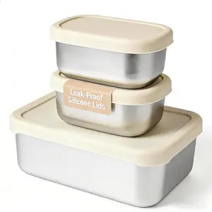 Leak Proof Stainless Steel Bento Box Set - 3-Piece, Metal Lunch Box with Silicone Lid, Dishwasher Safe, Stainless Steel Lunch Box Containers for Home, Office, Camping (1 x 34 oz + 2 x 8.8 oz)