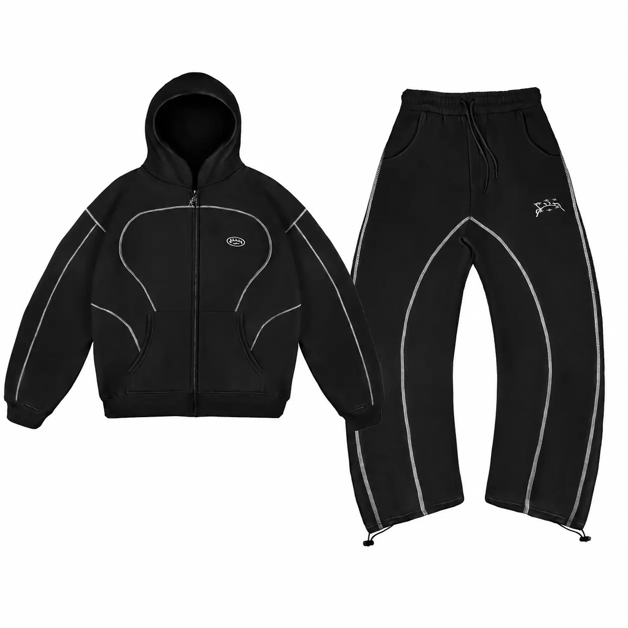Men’s Black 2-Piece Tracksuit Set, Zip-Up Hooded Jacket & Wide-Leg Jogger Pants with Contrasting Piping for Y2K Streetwear