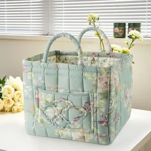 Collapsible Floral Pattern Foldable Laundry Basket Large Capacity Cotton Fabric Woven Storage Hamper for Clothes & Toys Machine Washable Home Organizer for Bedroom Bathroom Living Room