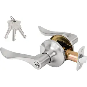 Keyed Entry Door Lever, Door Handle with Lock and Key, Exterior & Interior Door Handle for Bedroom, Wave Style Lever Satin Nickel, Reversible for Left/Right