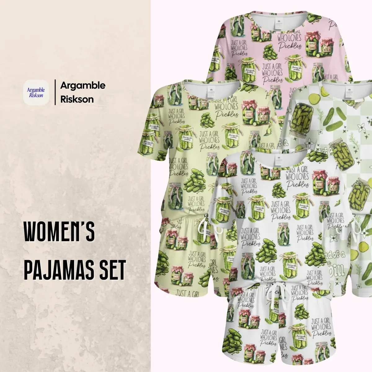 Vintage Canned Pickles Pajama Set – Round Neck Short Sleeve Loungewear, Soft & Playful Sleepwear Gift for Her