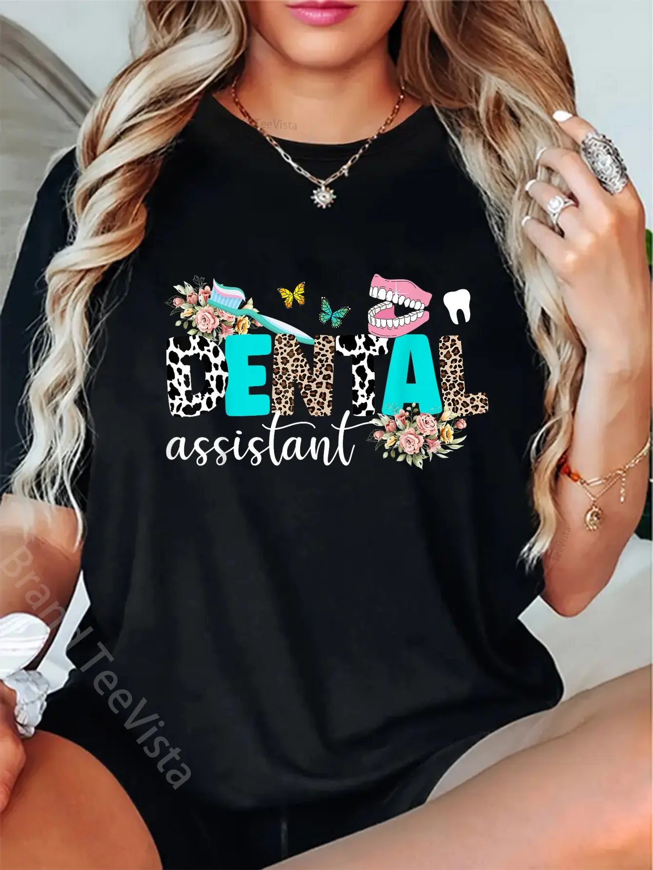 100% Cotton Unisex Dental Assistant Leopard Dental Assisting Dental Assistants T-Shirt Graphic Casual Round Neck Tee