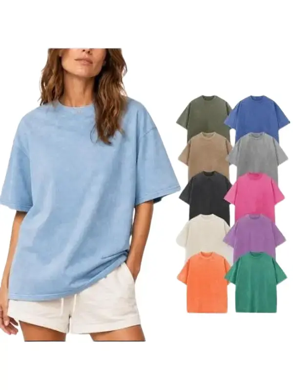 Women's Acid Wash T-Shirt, Cotton Crew Neck Short Sleeve, Relaxed Loose Fit Solid Summer Streetwear Basic Tee for Everyday Unisex Wear summervibes