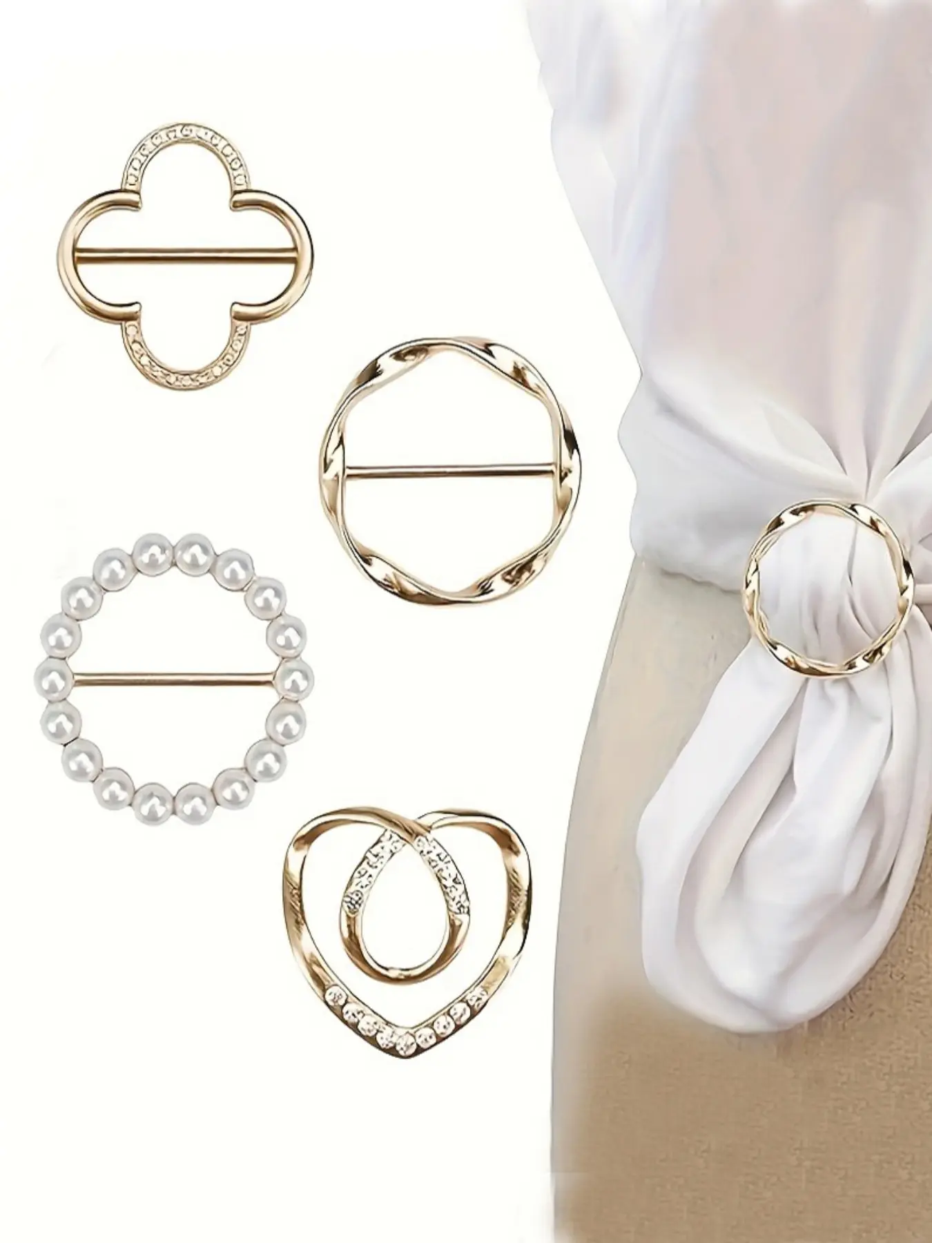 4-Pack Elegant Scarf Ring Clips - Zinc Alloy Metal Round Shirt Clip Buckles for Ties, Dresses, and Scarves, Fashion Accessory for Women, Styling, No Feather, Care Instructions Included Adjustable Clip
