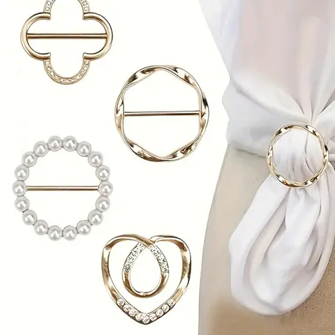 4-Pack Elegant Scarf Ring Clips - Zinc Alloy Metal Round Shirt Clip Buckles for Ties, Dresses, and Scarves, Fashion Accessory for Women, Styling, No Feather, Care Instructions Included Adjustable Clip