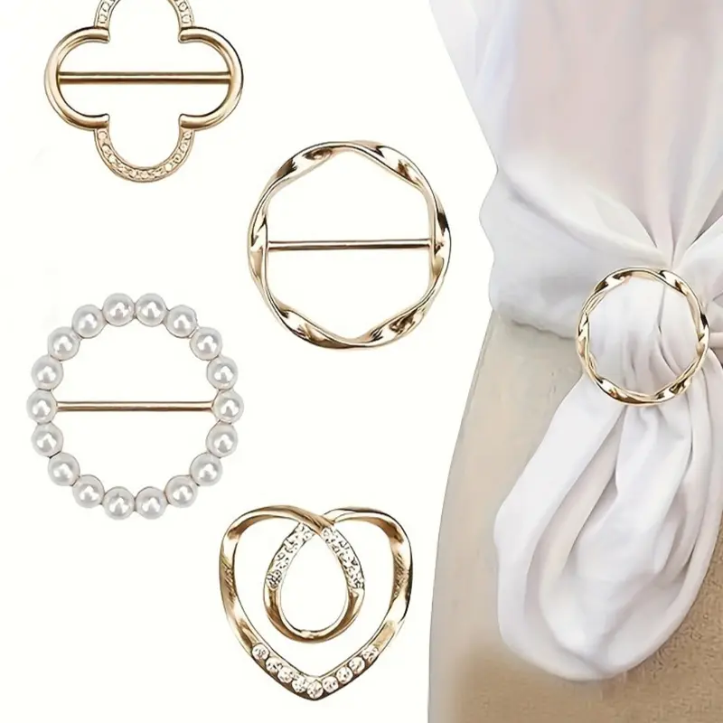 4-Pack Elegant Scarf Ring Clips - Zinc Alloy Metal Round Shirt Clip Buckles for Ties, Dresses, and Scarves, Fashion Accessory for Women, Styling, No Feather, Care Instructions Included Adjustable Clip