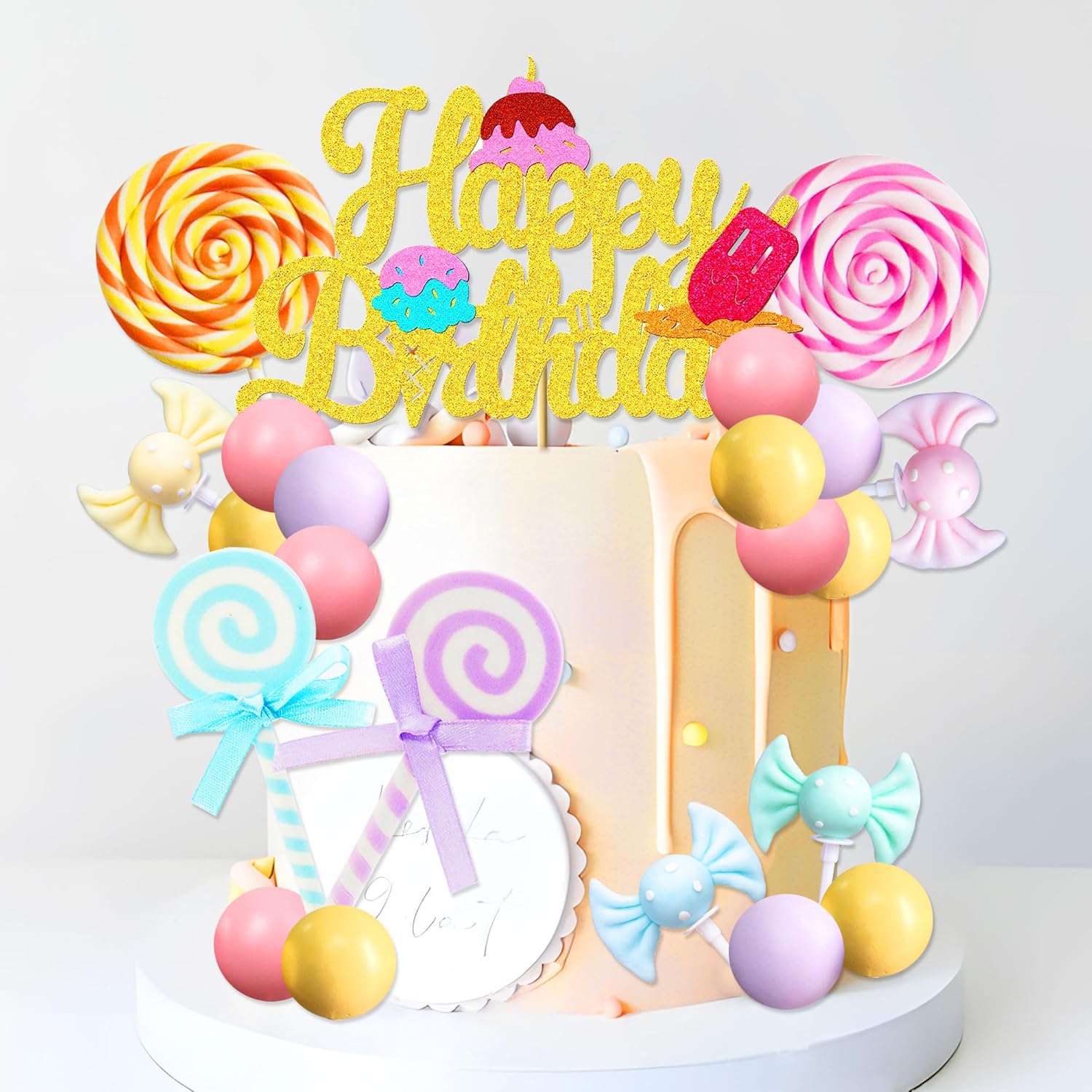 LaVenty Candyland Cupcake Toppers Ice Cream Candy Cake Topper Lollipop Cake Decoration with Ice Cream for Sweet Theme Birthday Baby Shower Bridal Shower Party Supplies