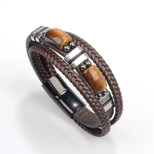 Tiger Eye Stone leather bracelet Stainless Steel bracelet Multi-layer leather jewelry bracelet for men