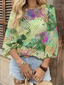 Spring/Summer style, crew neck hollowed-out loose batwing sleeve blouse, graffiti print women's knit top, vacation style, casual and elegant for commuting, women's vest blouse, bikini cover-up, Bohemian vacation style beach blouse, Womenswear.