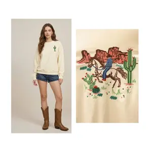 Western Cactus Embroidery Terry Sweater with Horse Rider Design and Cactus Motif