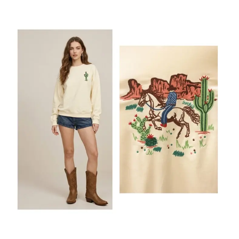 Western Cactus Embroidery Terry Sweater with Horse Rider Design and Cactus Motif Western Cactus Embroidery Terry Sweater with Horse Rider Design and Cactus Motif