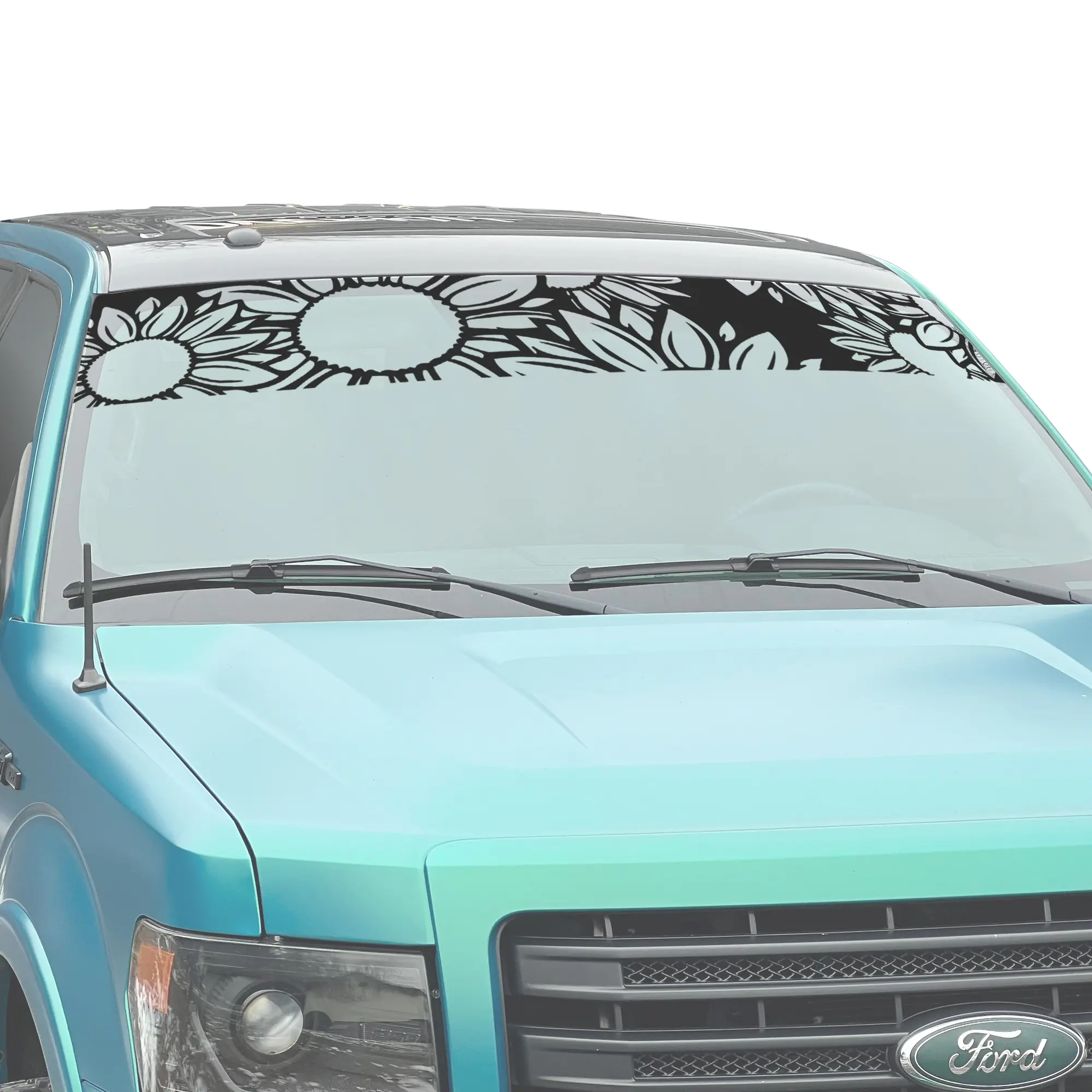 Matte Black Die-Cut Vinyl Sunflower Banner Visor 12"x64" Car Sticker