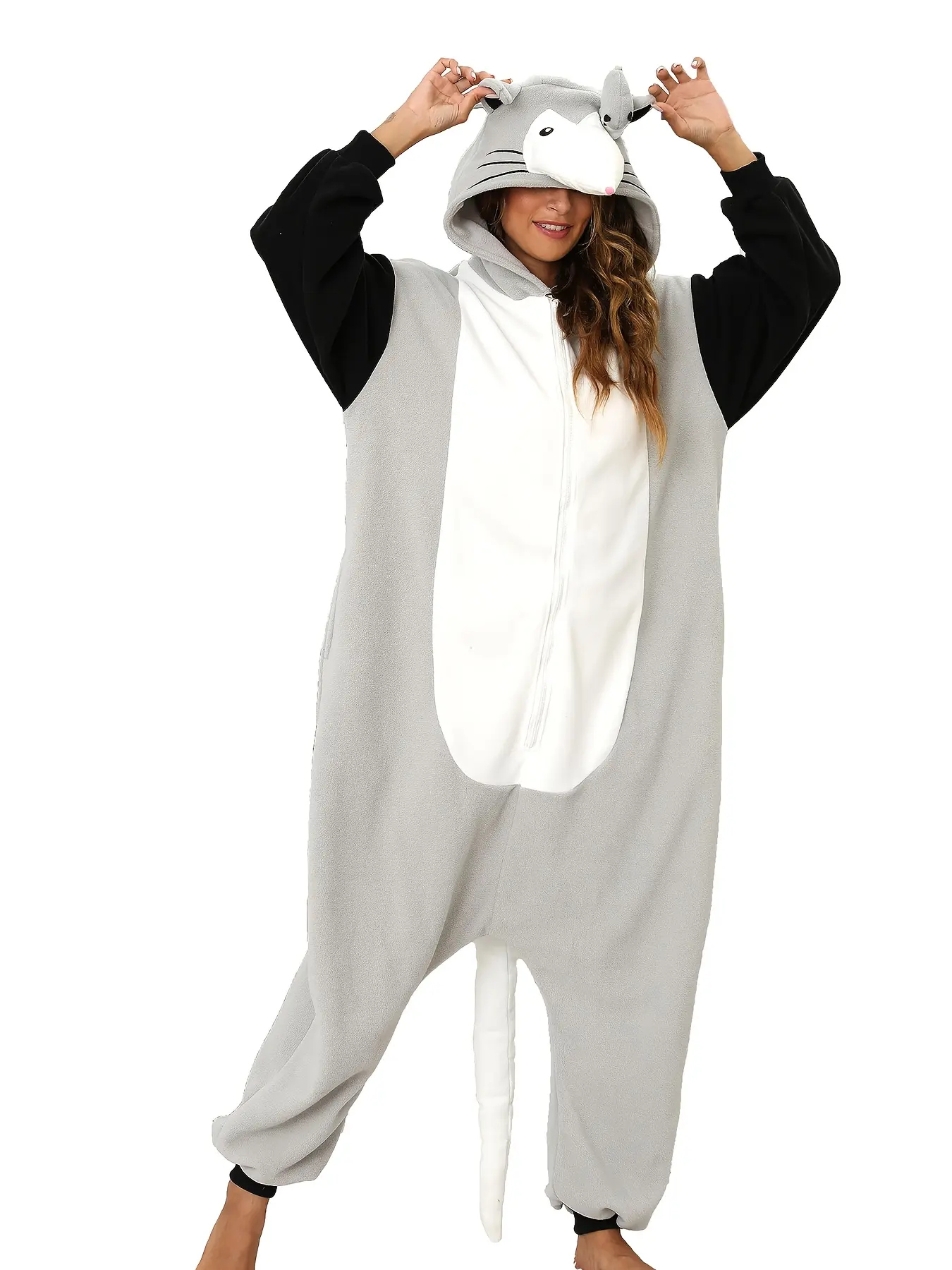 Women's Opossum Animal Onesie, Loose Polar Fleece Pajama Costume with Zipper, Long Sleeve Halloween Cosplay Nightwear