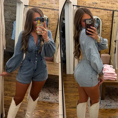 Denim Romper with Bubble Sleeves, Button-Down Front, Relaxed Fit, Comfortable Western-Inspired Look for Women's Romper- Womenswear Overalls - Western-Wear - Country Concert Outfit Inspiration - Long Sleeve - Cute - Fitted - Dressy