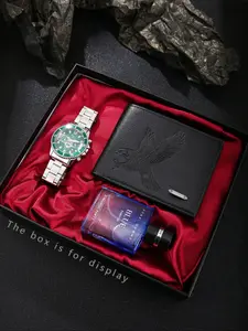 Luxury Gift Box Set (silver Color Dial Watch + Eagle Pattern Wallet + Blue Perfume), Fashionable Elegant Style, Men's Birthday Gift, Men Gifts