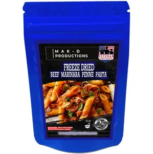 MAK D Productions - Freeze Dried Meal  - Beef - Pasta - Beef Marina Penne Pasta - Gourmet Recipes by a Sullivan University (Louisville, Kentucky) Culinary Chef Graduate - NEVER BLAND TASTING - MADE IN THE USA