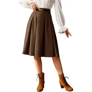 Women's Fall High Waist Elegant Knee Length Skirt A Line Pleated Flowy Dressy Work Skirt