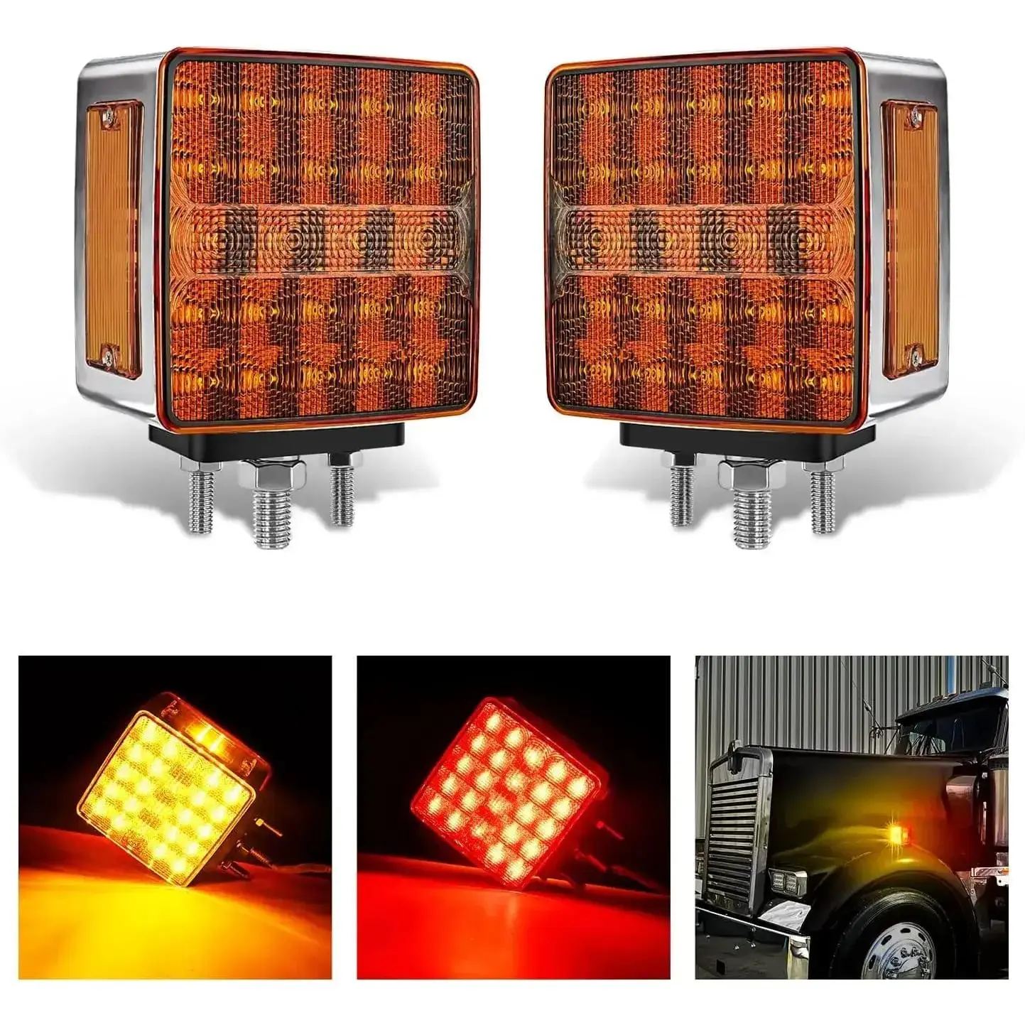 Nilight 2-Pack 52-LED Amber Red Fender Pedestal Safety Lights, 12V/24V DC, 3-Stud Mount, 4.5x4.4x2.5in ABS Vehicle Exterior Lights, IP67 Waterproof, Black Rubber Gasket, Bright Visibility for Tractors,Trucks
