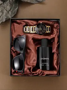 3pcs Fashion Metal Watch Band Gift Box Set, Elegant Rhinestone Dial, Modern Fashionable Wristwatch, Trendy Sunglasses, Classic Men's Perfume, Business Elite Daily Wear, Stylish Watch