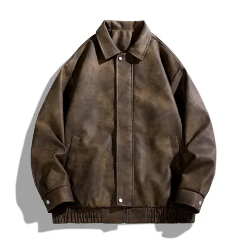 Academic Style American Vintage Solid Color Niche Design Motorcycle Flight Jacket PU Leather Coat Turn-down Collar Casual Loose Versatile Unisex Jacket Outerwear Long Sleeve Classic Aesthetic Stylish