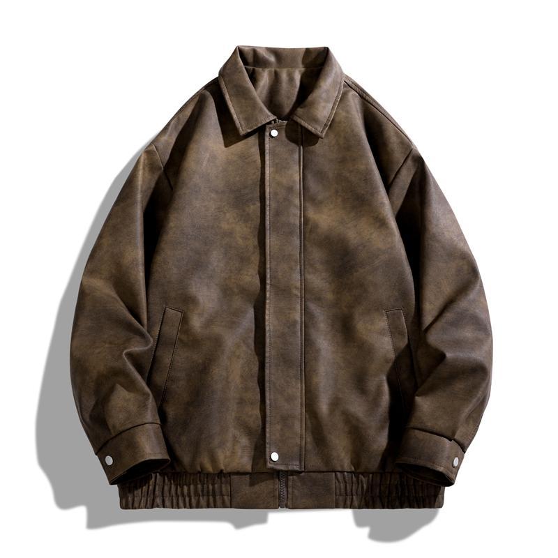 Academic Style American Vintage Solid Color Niche Design Motorcycle Flight Jacket PU Leather Coat Turn-down Collar Casual Loose Versatile Unisex Jacket Outerwear Long Sleeve Classic